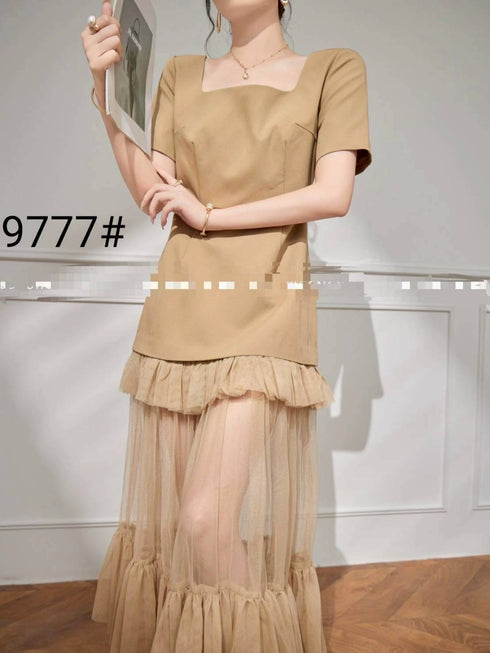 Women Square Neck Mesh Twill Long Skirts